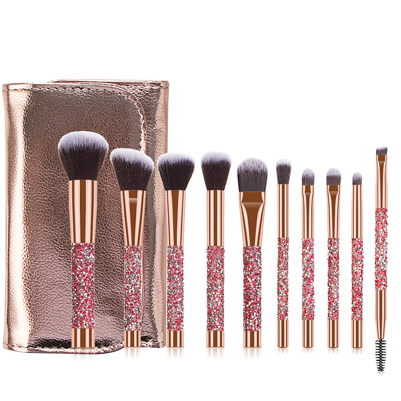 high quality private label custom 10pcs pink glitter rhinestone crystal diamond handle makeup brushes cosmetic set with PU bag
