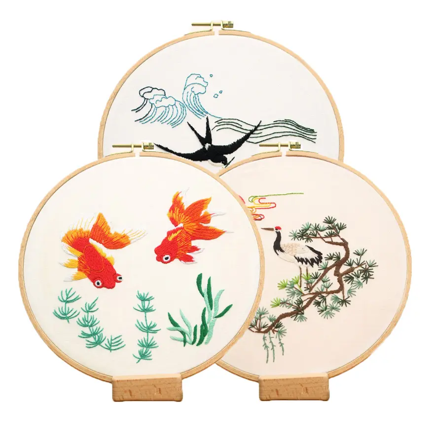 Chinese Style Embroidery Kits with Hoops ,Goldfish Sea Landscape, DIY Handmade Craft for Beginner Printed Needlework Sewing Art
