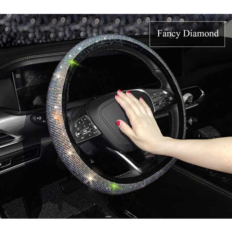 Wholesale Fit Anti-slip Luxury Bling Bling Crystal D Type Diamond Leather Car Steering Wheel Cover Universal