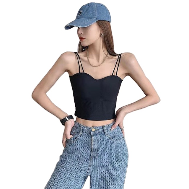 Ice Silk Double Spaghetti Strap Removable Padding Adjustable Strap Crop Top Chest Wrap