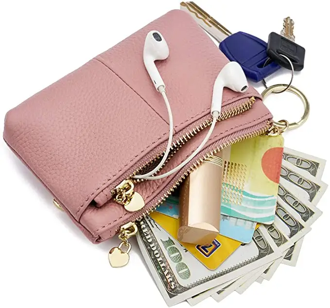 Genuine Leather Zip Mini Coin Purse with Key Ring Triple Zipper Card Holder Wallet for girls and ladies change bag