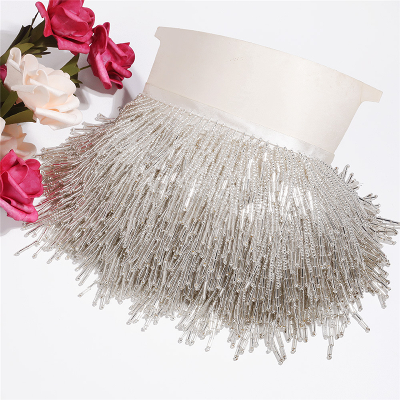 Handmade Beading Lace Trim 8.5 CM Crystal Triangle Fringe Tube Beaded Tassels Trim