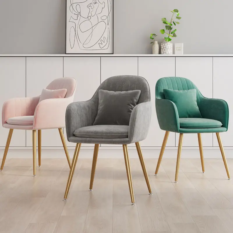 Wholesale Nordic Modern Cafe Dining Room Bedroom Restaurant Leisure Vanity Fabric Velvet Metal Leg Pink Arm Dinning Chair