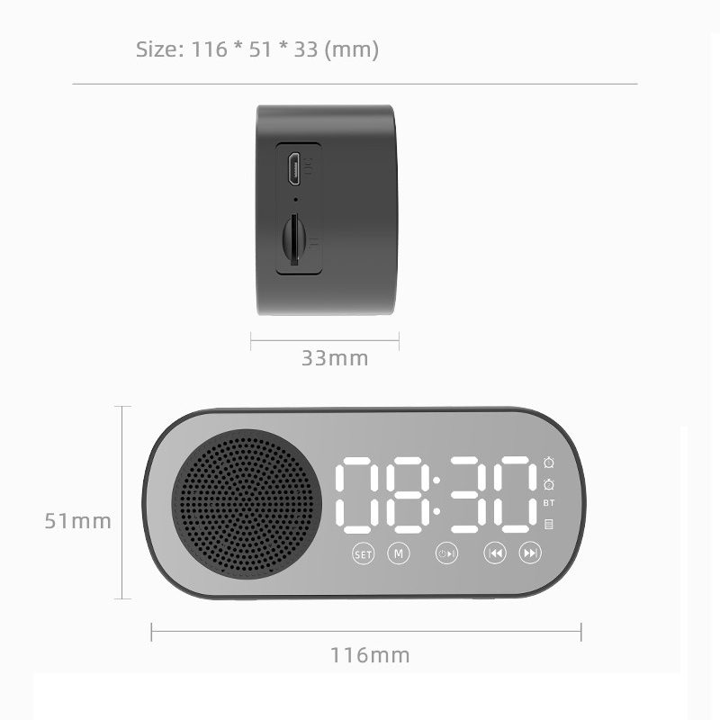 Беспроводной портативный динамик Bt HiFi музыкальный сабвуфер Настольный зеркальный экран дисплей Будильник динамики
