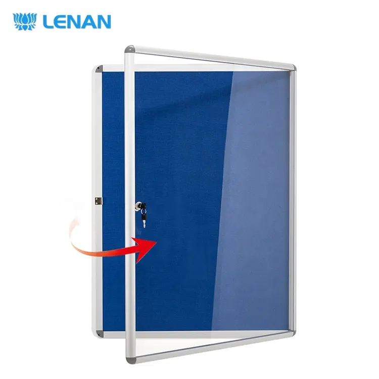 High quality wall mounted lockable bulletin board blue fabric felt showcase notice board with glass door
