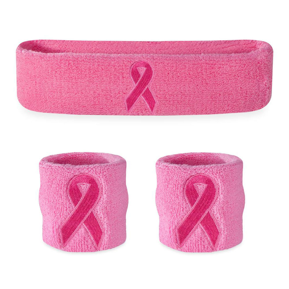 Bulk cheap cotton terry cloth wristband headband sweat band custom logo breast cancer awareness ribbon pink wrist sweatbands