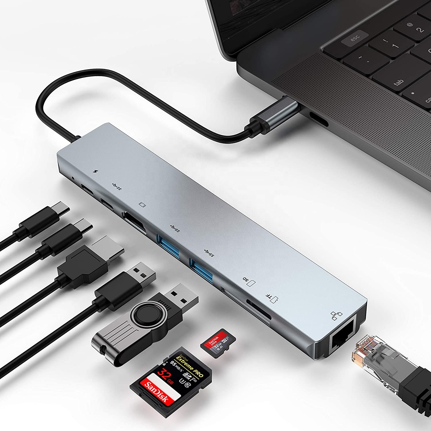 8 в 1 Тип C к RJ45 Ethernet адаптер Hub с HDMI, TF/ SD кард-ридер, USB-C, PD зарядки, с 2 портами (стандарт 3,0 для MacBook и многое другое