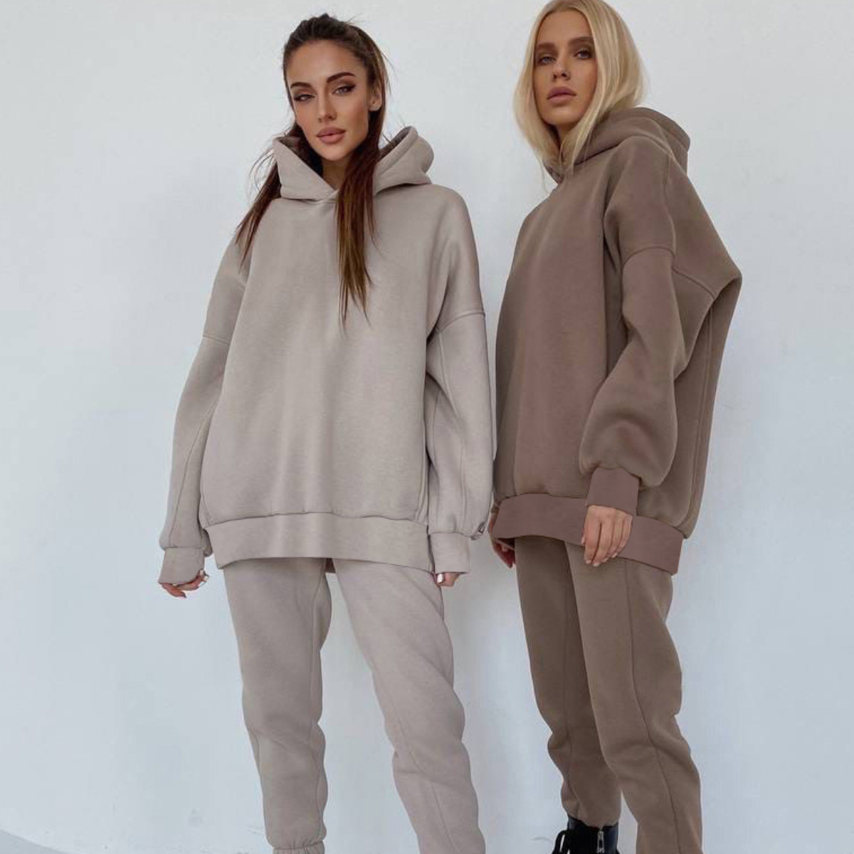 2021 Autumn Casual Women Sportswear Suit 2 PCS Set Brown Hoodies Jogging Pants Sets Warm Thicken Fleece Solid Color Tracksuit