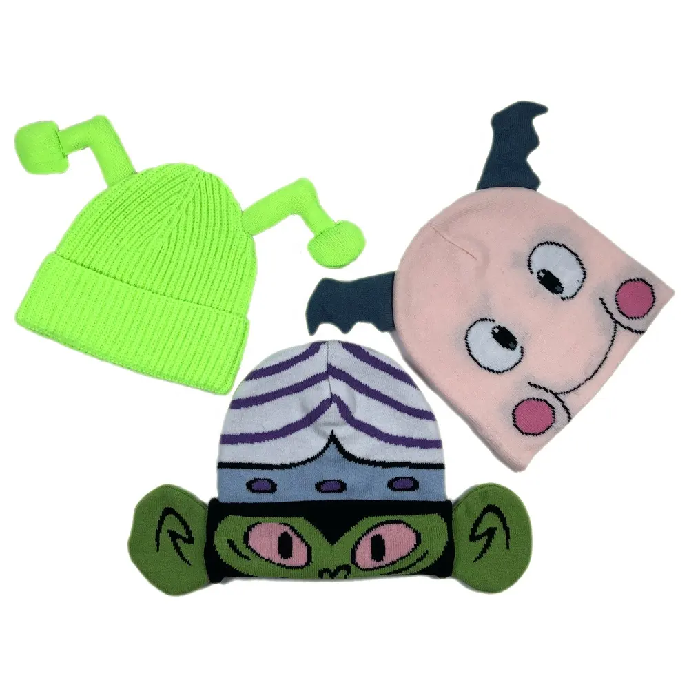 OEM winter streetwear design cute boy and girl knitted hat with ear logo custom horned beanie