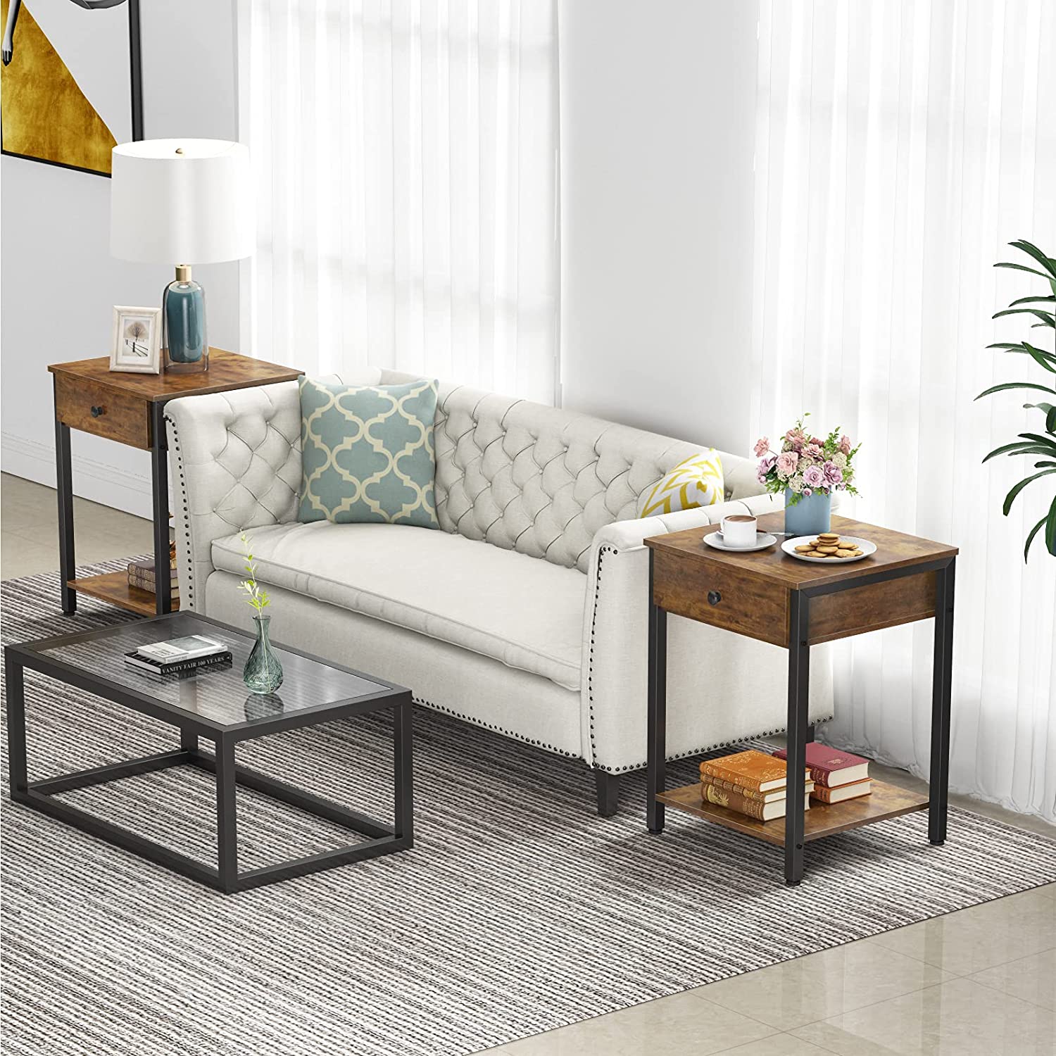 Hall Side Table with Drawer and Storage Shelf Sofa Couch Wood Nightstand Rustic Bedside Table for Bedroom