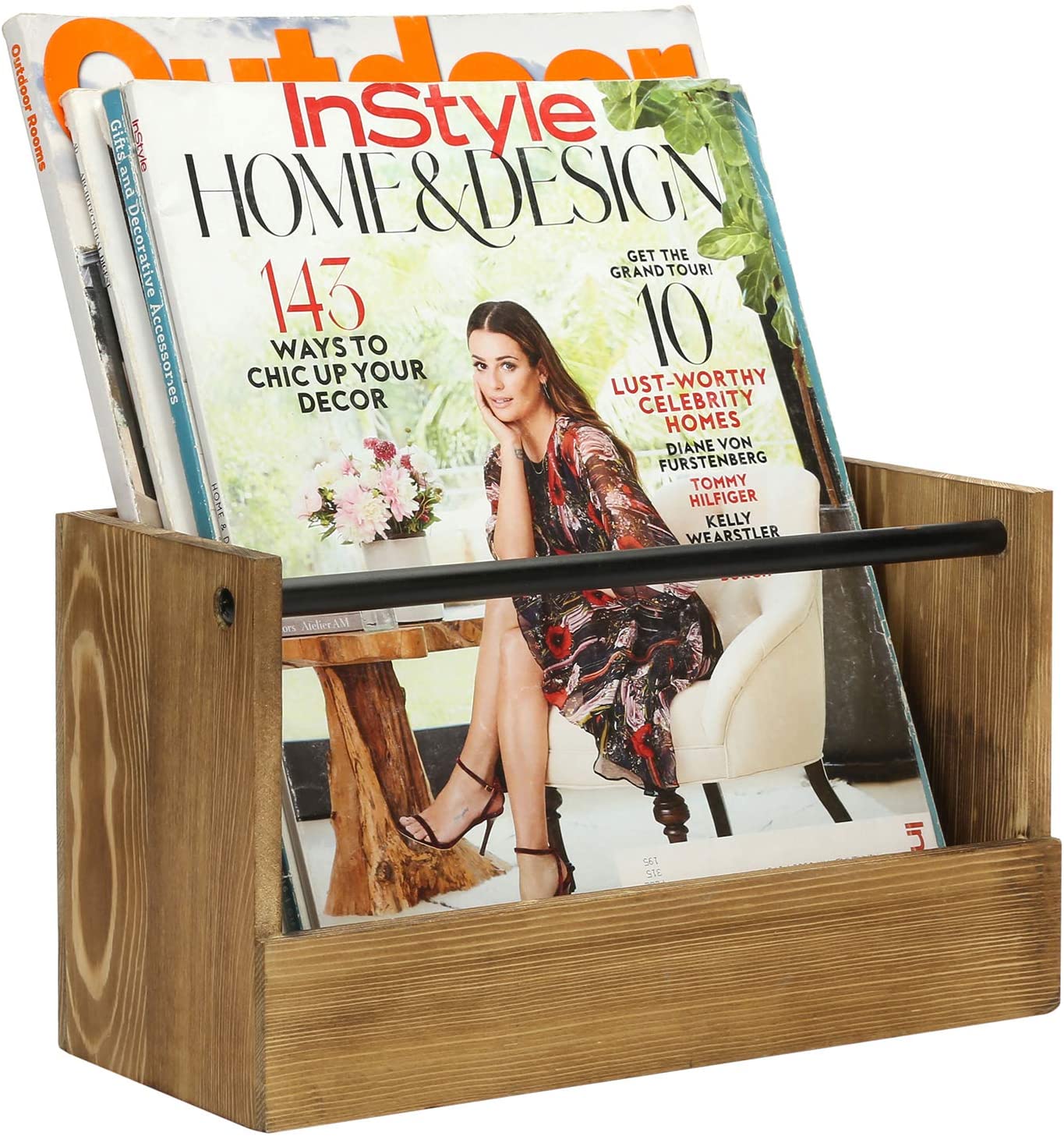 Revistero Rustic Burnt Industrial Black Metal Pipe Wall Mounted Organizer Display desk Holder Modern Wooden Magazine Racks