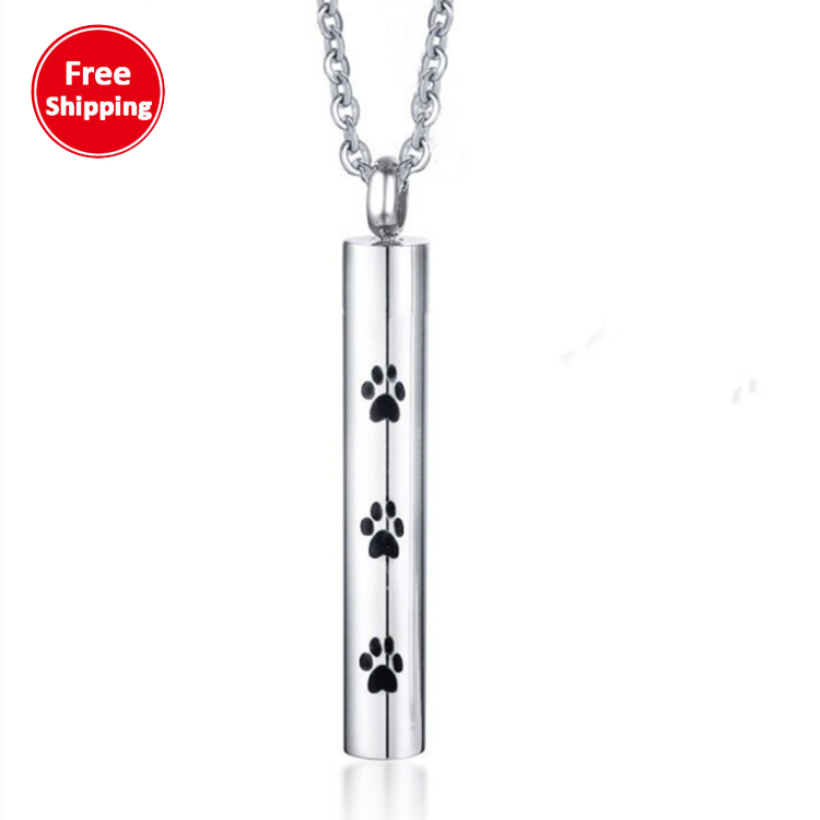 Titanium Steel Cylindrical Paw Print Pet Cremation Urn Ashes Pendant Urn Necklace