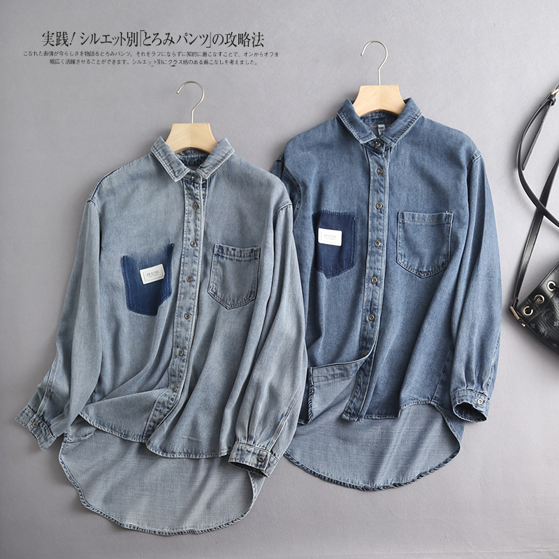 2021 Korean Style Long Sleeve Solid Color Polo Collar Plus Size Denim Shirts For Ladies