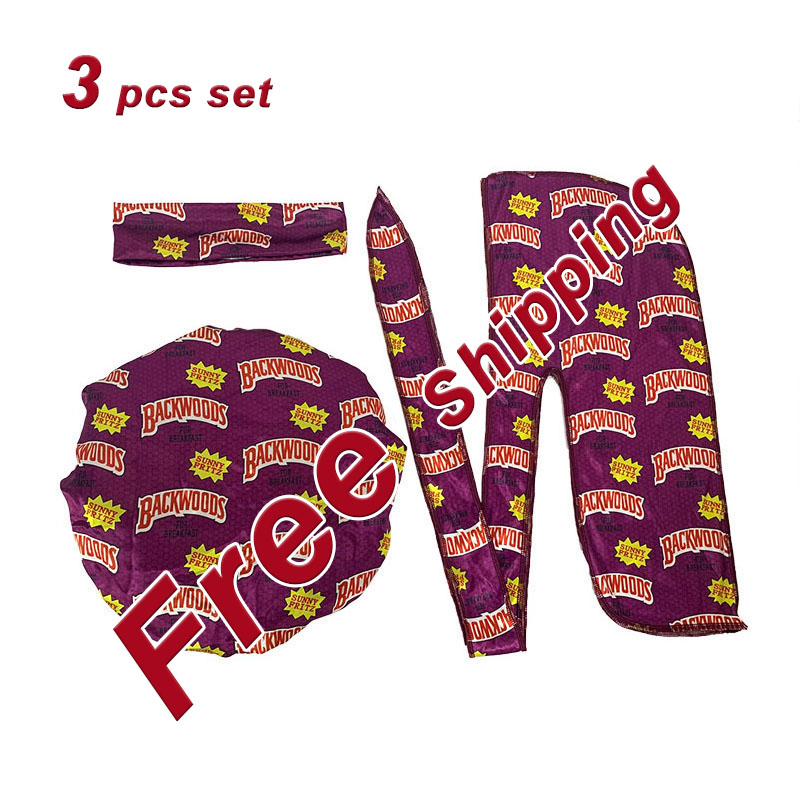 LOW MOQ free shipping luxury famous brand headband double layer silk satin designer bonnet and durag set