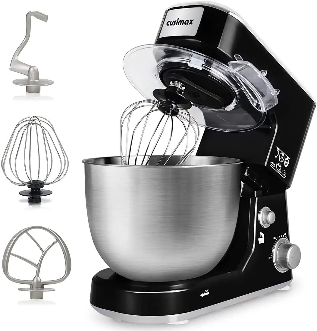 CUSIMAX Electric Mixer with 5-Quart Stainless Steel Bowl, Dough Hook, Mixing Beater and Whisk, Splash Guard