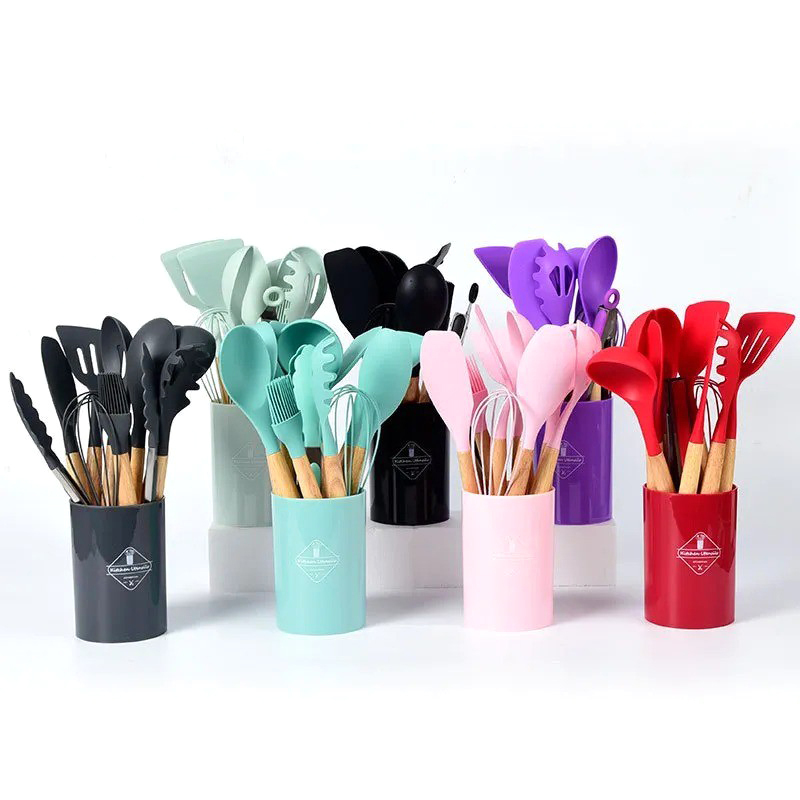 2024 Hot Sale Custom 12 Pcs Silicone Kitchen Set with Wooden Handle 12 Pcs Utensils Spatula Cooking Tool Sets