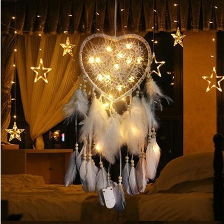Pink Love Heart Dream Catcher Handmade Hanging Decoration Girly Room Night Light Pendant Hand-woven Cute Gift