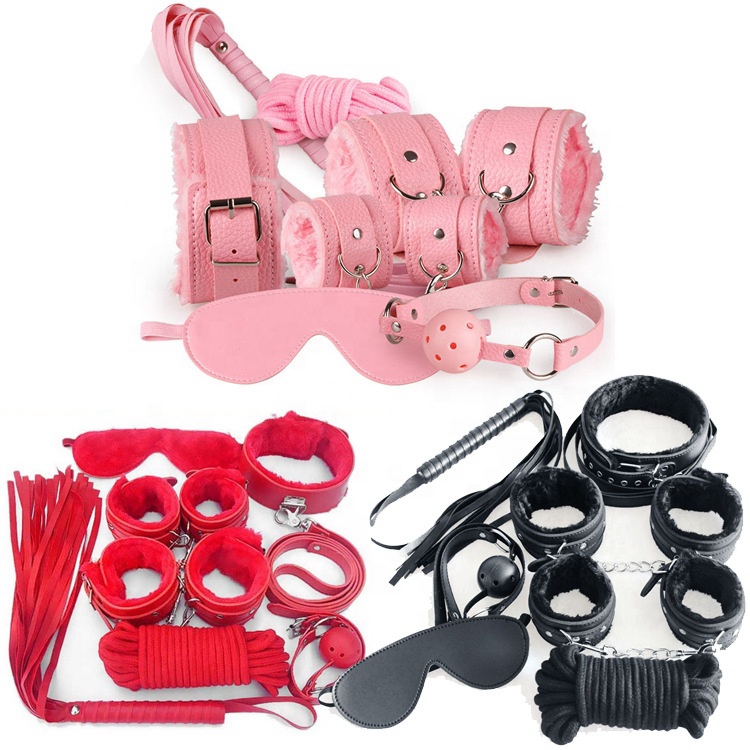 4 Colours Erotic Toys 7 Piece Set Sex Bondage Leather Strap Kit Slave Game Bdsm Fetish Plush Bondage Sex Toy