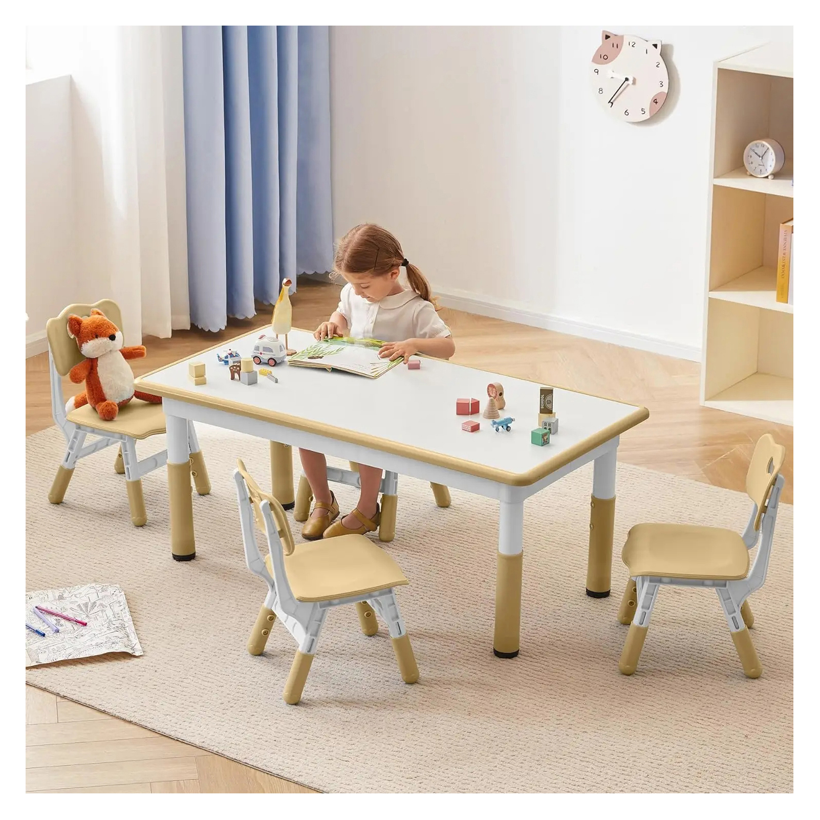Kids Study Table and Chairs Set,Height Adjustable Toddler Wooden Table and Chairs ,Graffiti Desktop Daycare Furniture for Kids