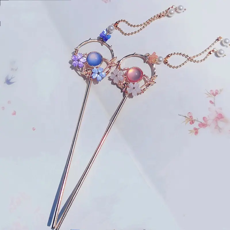 Retro Style Women Chinese Hair Stick Pin with pink stone Hair Chopsticks Hairpin Woman Jewelry Hair Clip Accessories