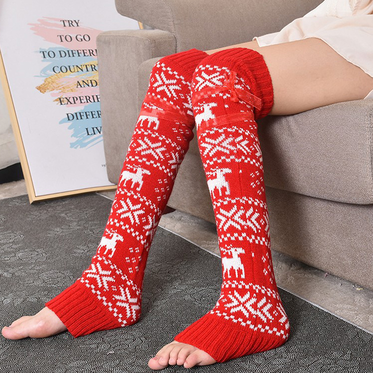Xmas Christmas Cartoon Jacquard Thick Fuzzy Warm Winter Over Knee Long Leg Warmers for Women Girls