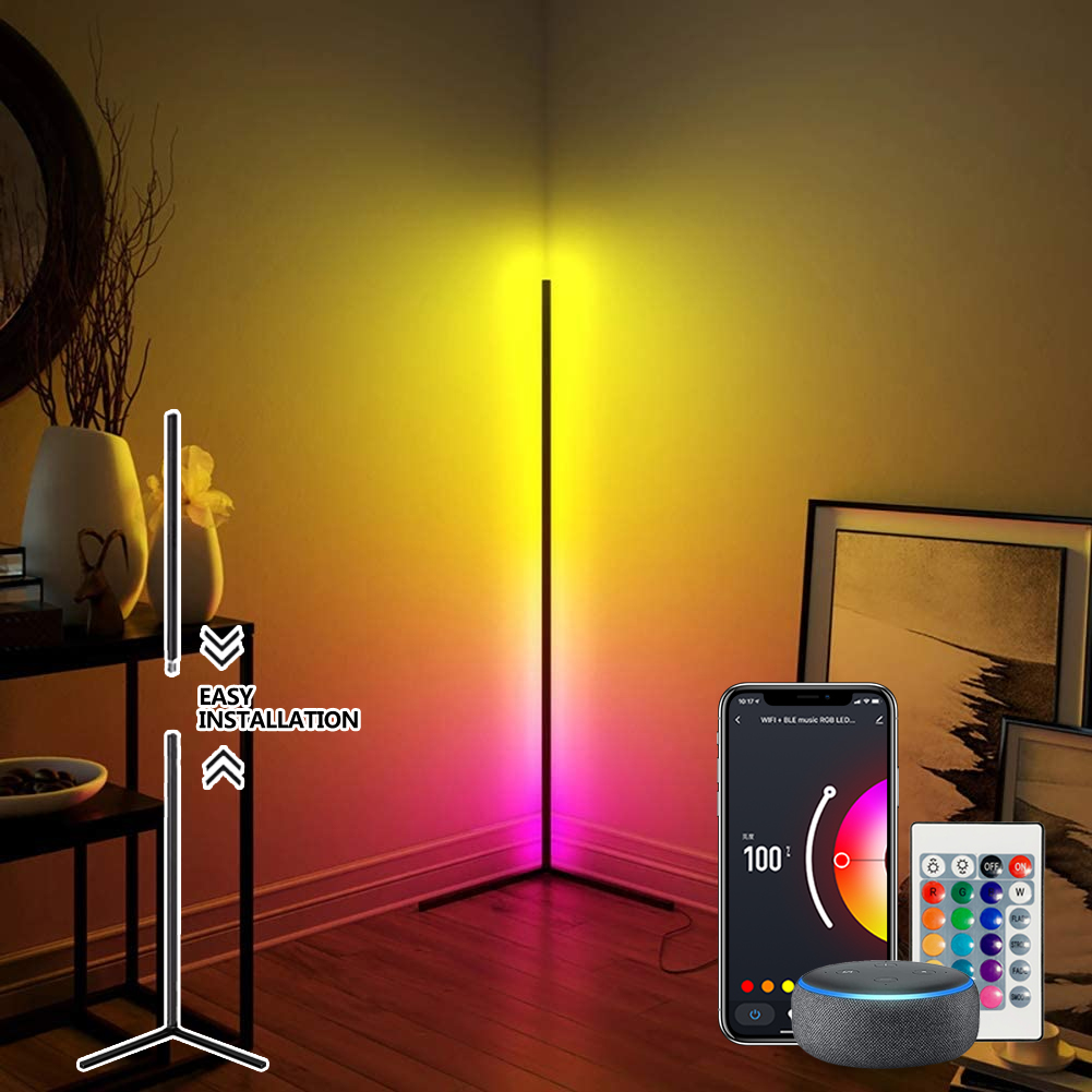 Умная угловая напольная лампа RGB, меняющая цвет, настроение, приглушаемая светодиодная напольная лампа с дистанционным управлением через приложение, стоячая лампа