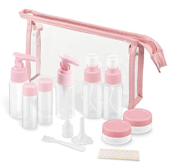 High quality 50ml plastic travel kit bottle/cosmetic bottle set/plastic travel set cosmetic container with spray bottles and bag