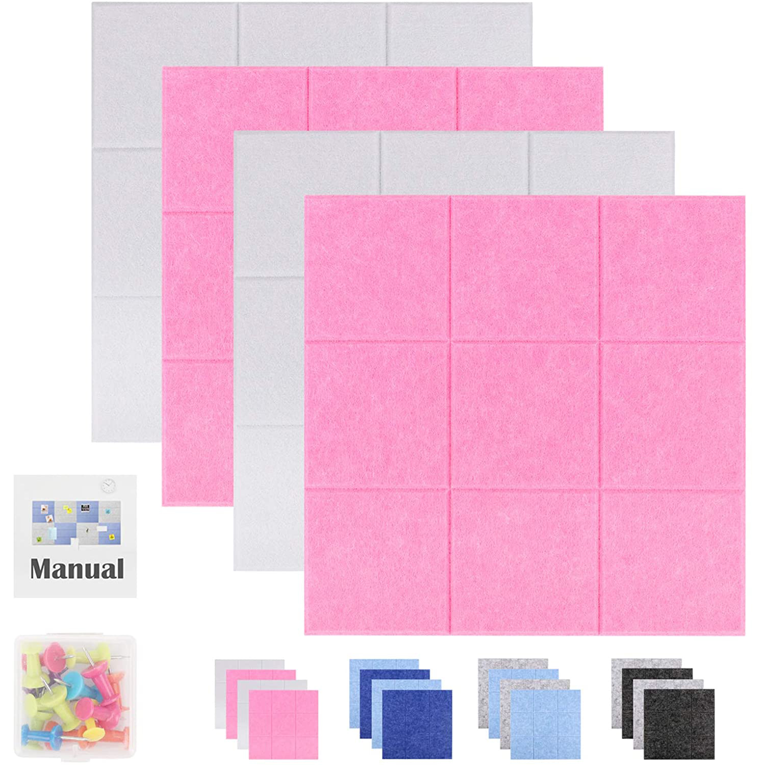 Large Square Felt Pin Board Wall Memo Bulletin Notice Board in Offices Decorative Pin board for Kids Set of 4 with 15 pins