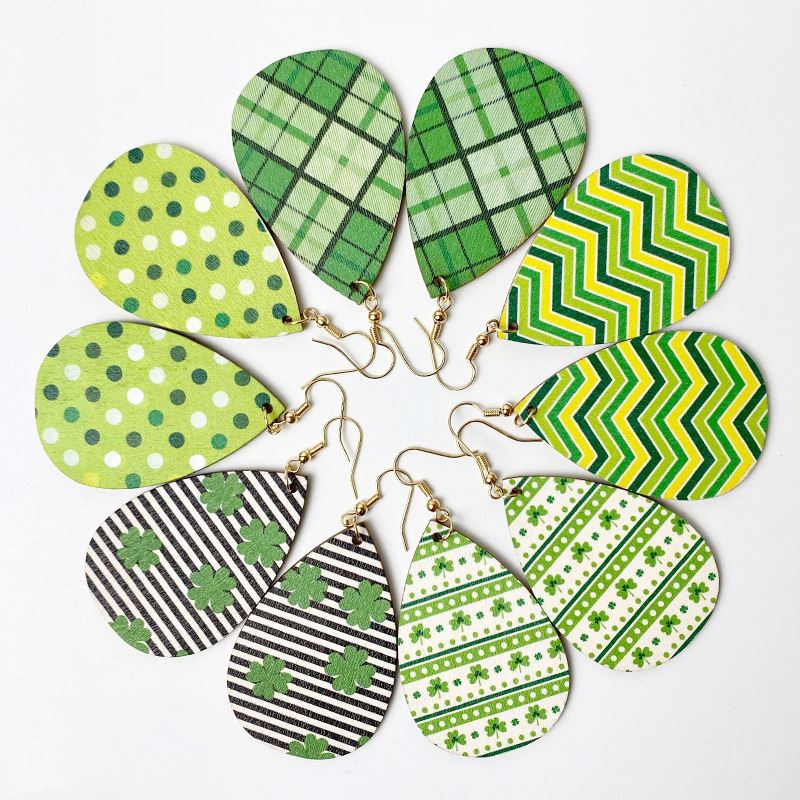 St Park'S Day Wood Hoop Earrings Green Polka Dot Striped Plaid Water Drop Hoop Earrings Amazon Fashion Earrings Gift
