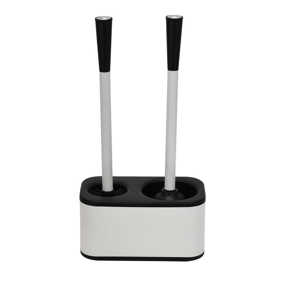 White Stainless steel toilet Brush with black rubber plunger COMBO hideaway canister set