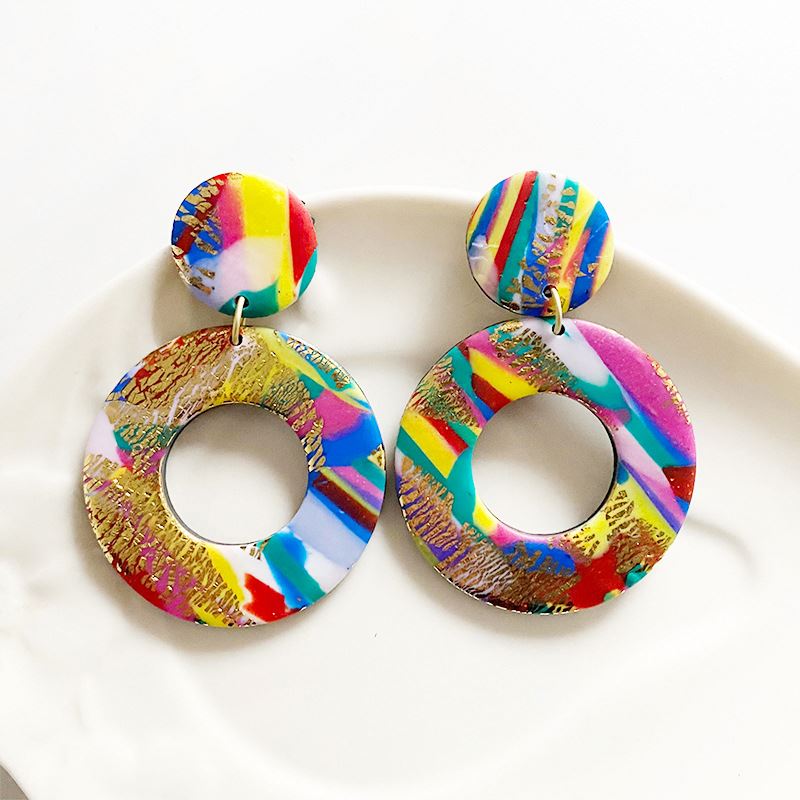 Spring And Summer New Jewelry Accessories Multicolor Art Geometry Handmade Clay Soft Pottery Hoop Earrings Women Wholesale