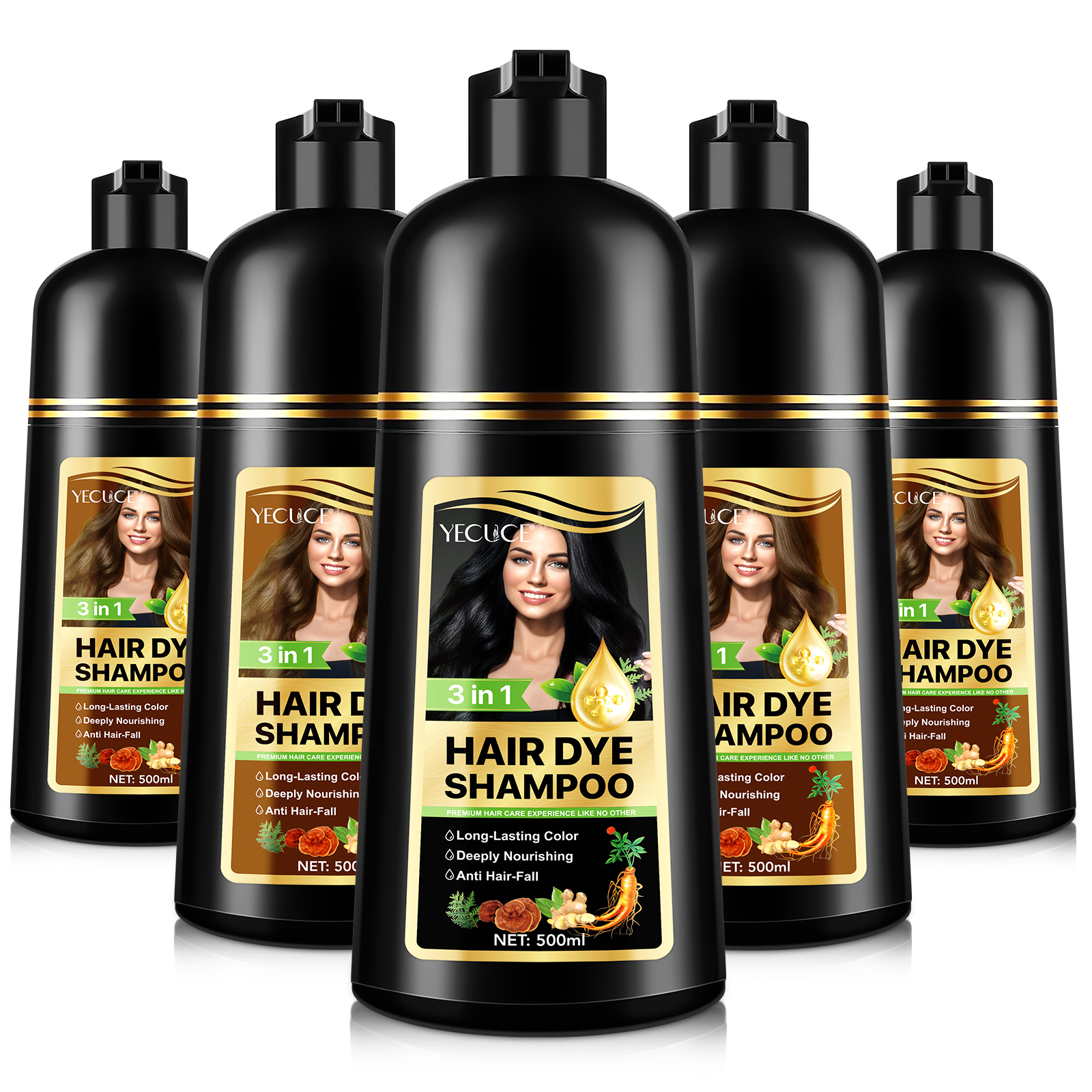 YECUCE Hot Sale 500ml Natural Organic 3 in 1 Black Brown Color Instant Hair Dye Shampoo for Men Women