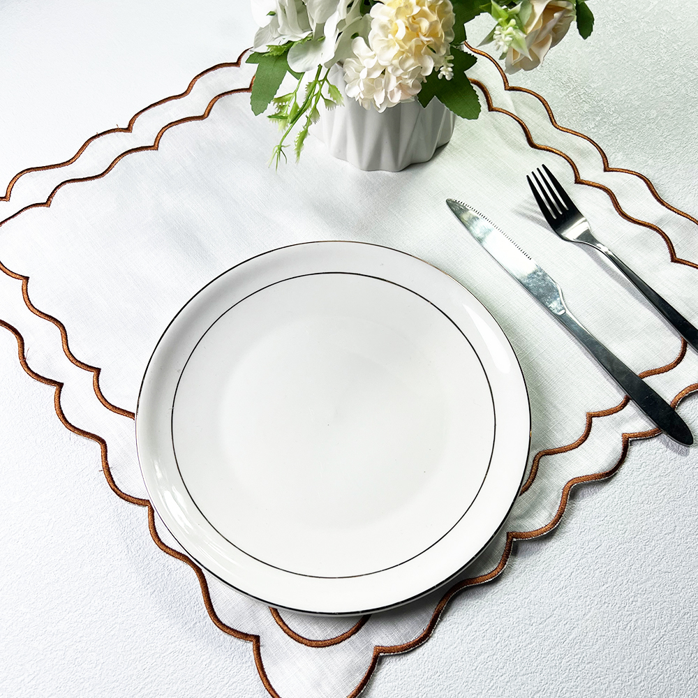 Double Embroidered edge French Organic flax placemat Wedding table cloth Linen Napkins with patterns French Luxury dinner mat