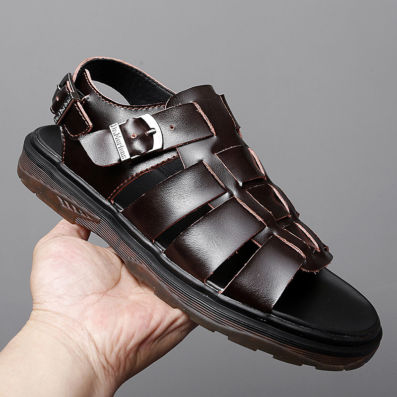 PDEP men black leather sandal summer men buckle strap shoes sandal for man