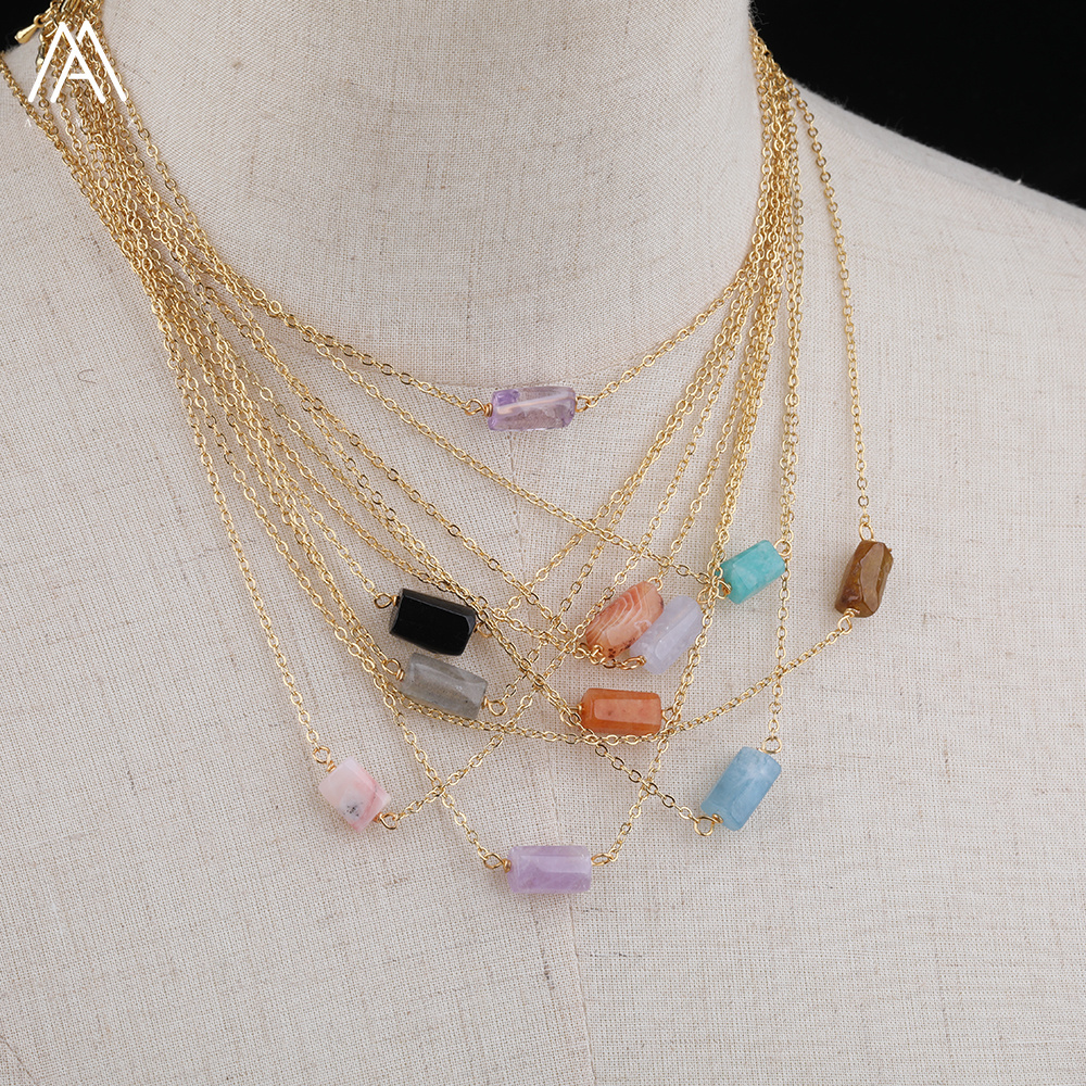 Cylinder Necklace for Women Jewelry , Healing Crystals Quartz Natural Stone Tube Beads Chain Necklaces Gift