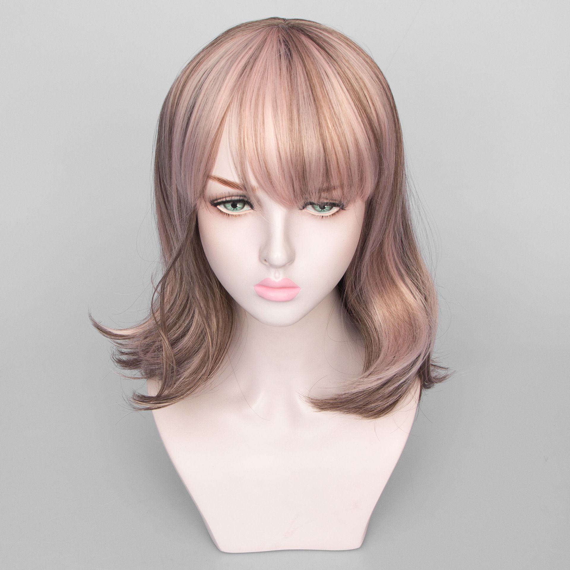 Wig women's long hair European and American fashion air bangs mixed gradient high-temperature fiber mid-length curly Factorys