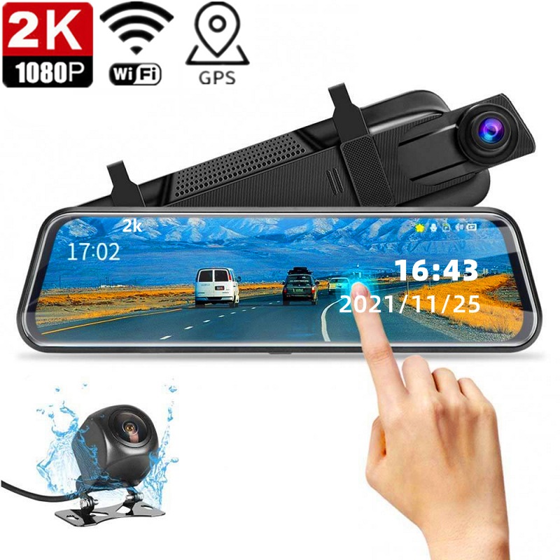 Автомобильный видеорегистратор 10 дюймов 2K WIFI GPS Двойной объектив Полностью сенсорный экран Видеорегистратор с камерой переднего и заднего вида Видеорегистратор Зеркало заднего вида