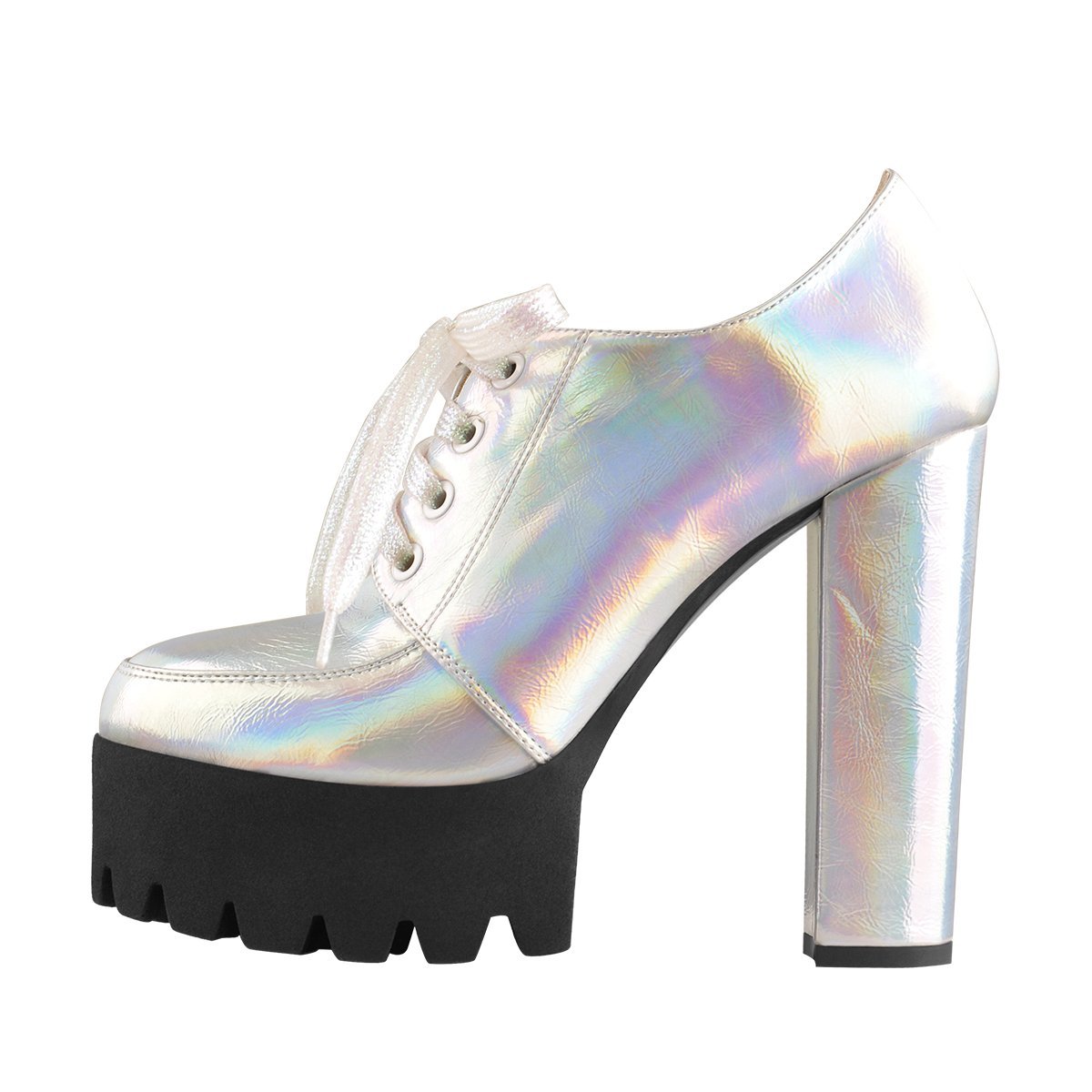 Lace-up Block Heel Iridescent Round Toe Holographic Ankle Booties