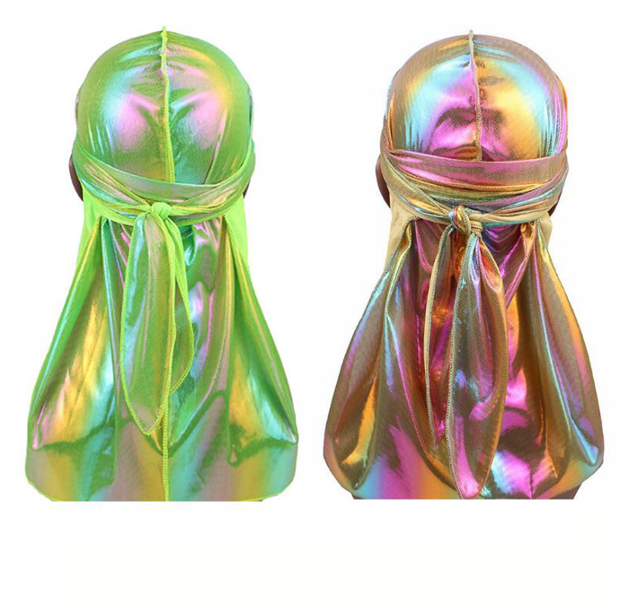 Оптовая продажа Новая мода лазерная голограмма Durag, многоцветный Голографическая голограмма шелковистая Durag хип хоп Headwrap