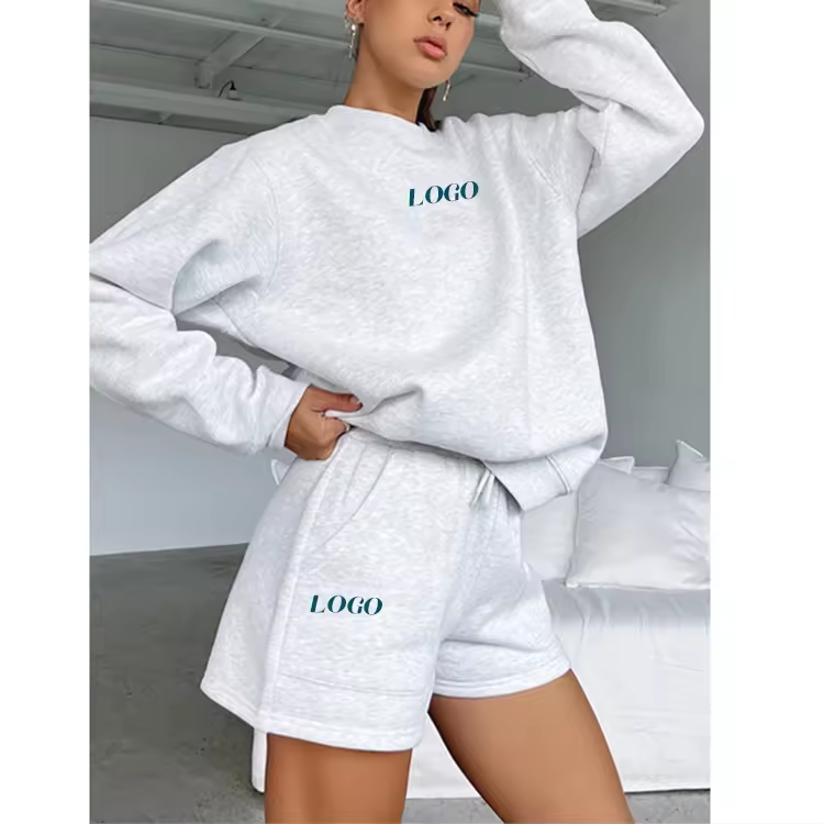 Fall 2024 Casual Women's Clothing Custom logo Sweat Suit Street Wear Ladies Short Set Sportswear 2 Piece Hoodie and Shorts Set