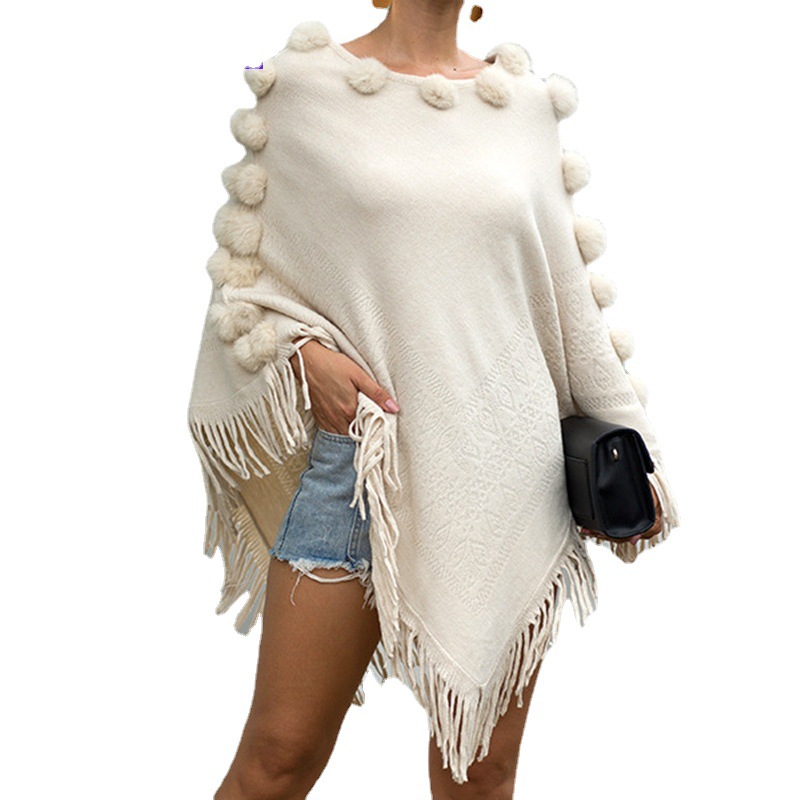 2021 New Fur Ball Triangle O Neck Thin Poncho Autumn Tassel Coat Women Black Grey Sweaters Cape Loose Knitted Pullovers