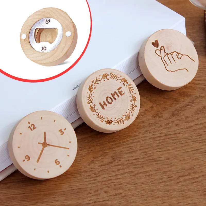 Amazon Hot Sale Custom Pattern Round Shape Wooden Fridge Magnet Beer Bottle Opener Wood Bottle Opener