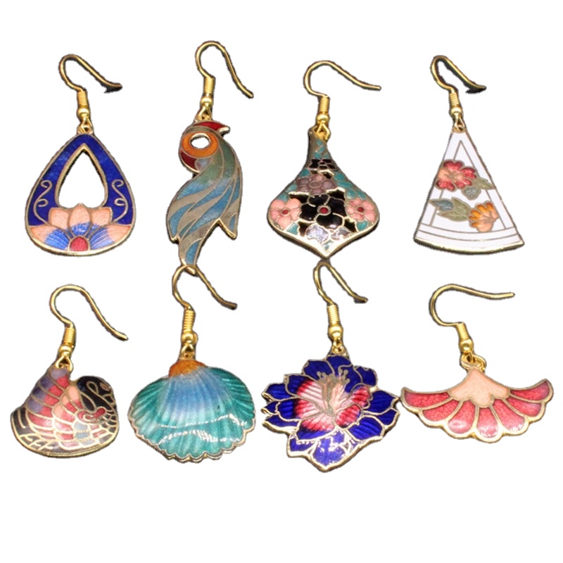 Beijing cloisonne ancient style Hanfu traditional high temperature enamel Qibao burning pendant earrings