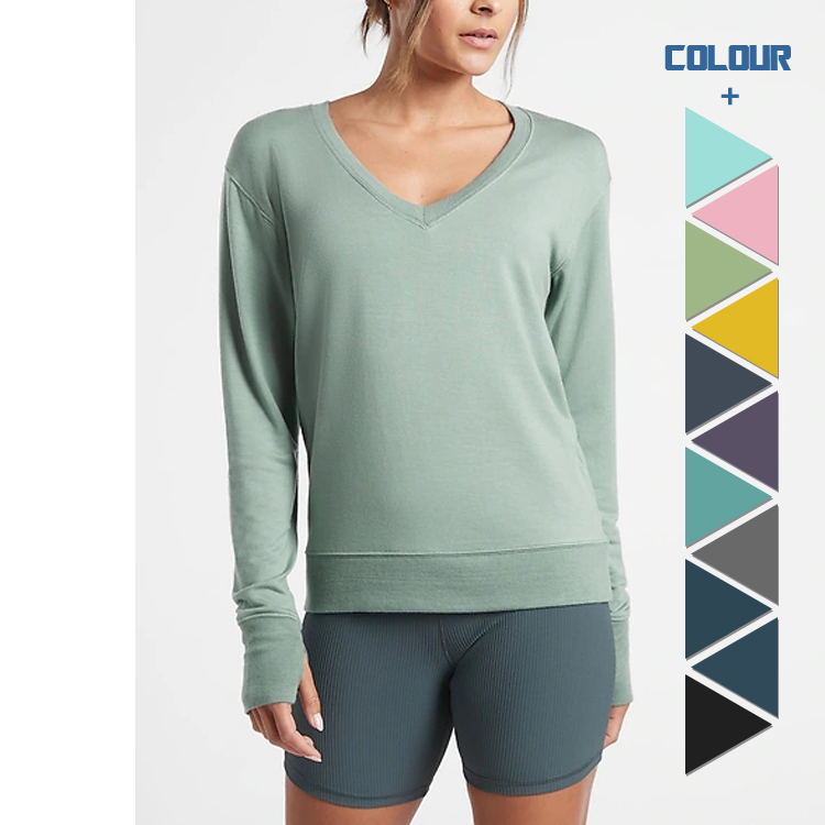 Metro Women Workout Super Comfy Blank Gym V-neck Cotton Thumb Hole Sport Sweatshirt
