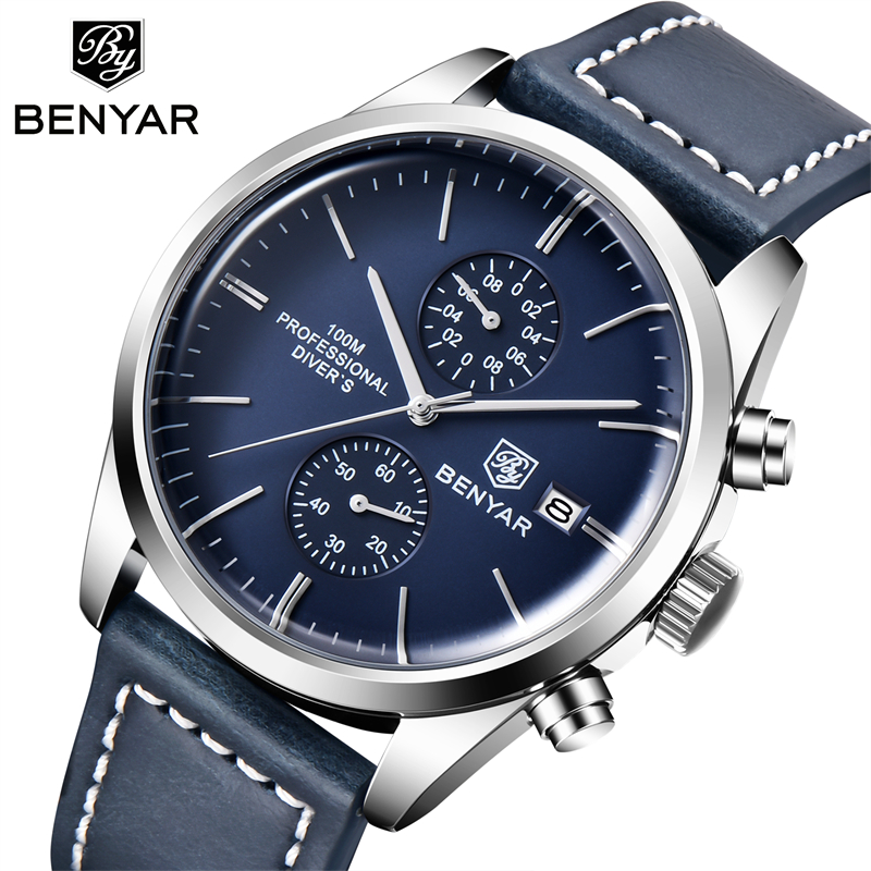 BENYAR 5187M модные кожаные кварцевые часы в стиле милитари спортивные Многофункциональный синхронизации код часы мужские водонепроницаемые часы