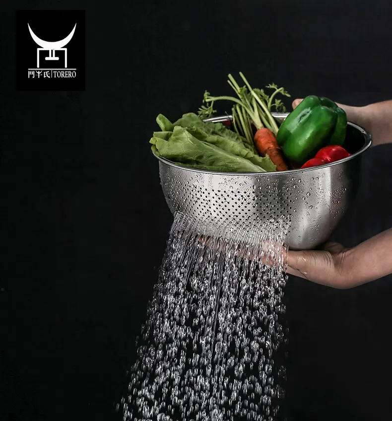 High Grade Stainless Steel Colander Strainer Rice Wash Bowl with Drainers Vegetable Fruit Washing Bowl