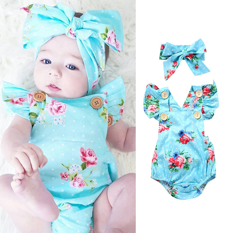 2019 blue flowers rompers newborn baby clothes hot sale children summer 1to3 years old conjoined romper