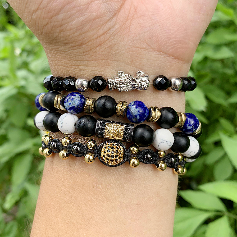 CZ micro pave Brass Embossing Bronze accessories Frosted material Stone Losse Bead Chain Bracelet Elastic Rope Baseball Bangle