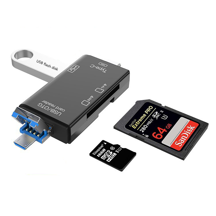plug adapter type c 6 in 1 Micro USB Portable SD Memory Card Reader for SD TF Cards Adapter with OTG Function for PC & Laptop