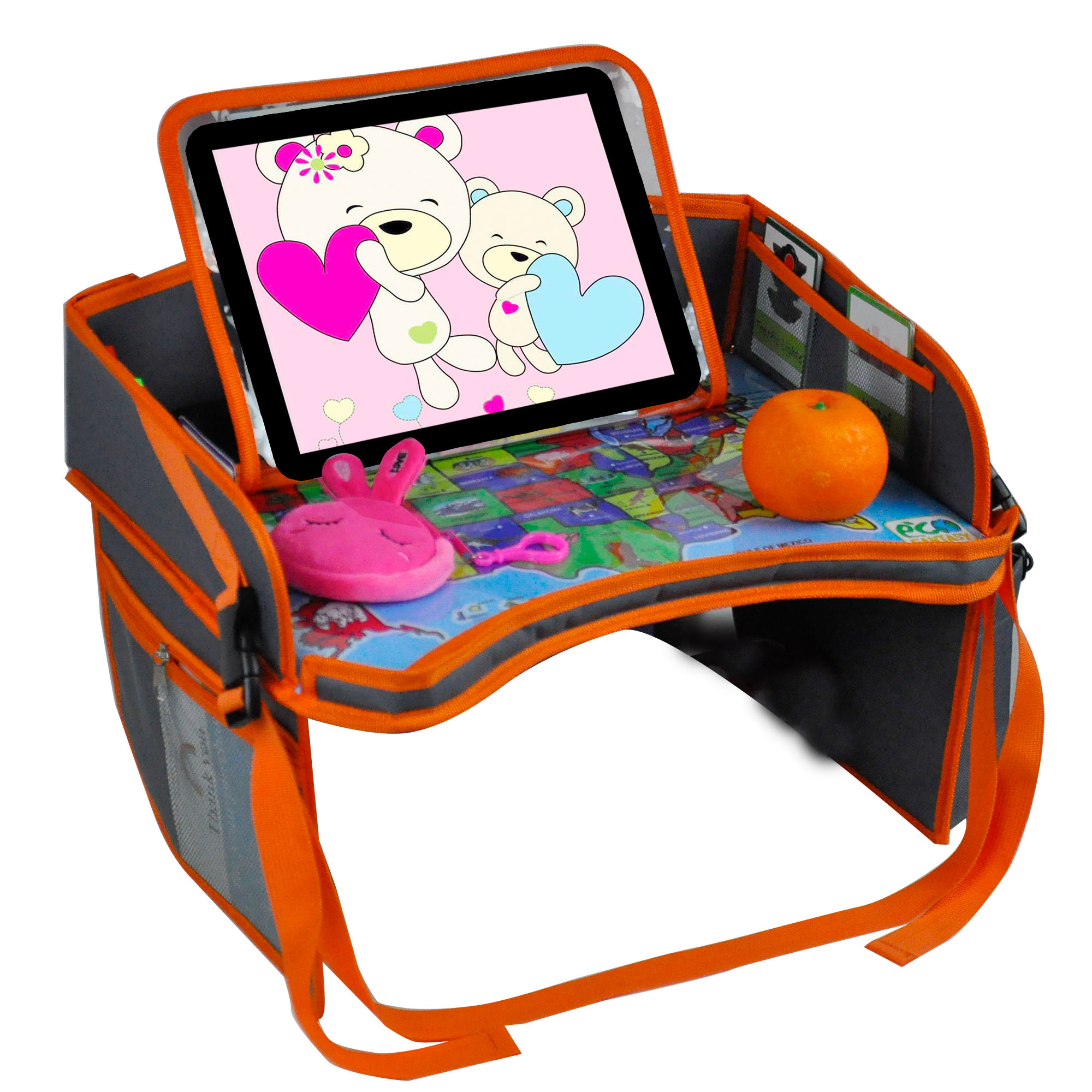 Multi-Pocket Car Seat Tray Portable Kids Travel Tray for Toddlers Waterproof Activity Tray Pad with Ipad Pocket and carrying bag